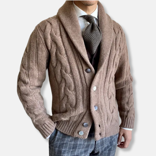 EB | Strickjacke Wollmischung Reguläre Passform Kabelstrick Schalkragen Knopfverschluss