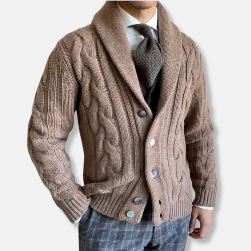 EB | Strickjacke Wollmischung Reguläre Passform Kabelstrick Schalkragen Knopfverschluss