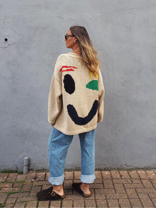 EB | Strickpullover Im Künstlerstil - Gemütlicher Freizeit-Jumper mit Abstraktem Gesichtsmuster