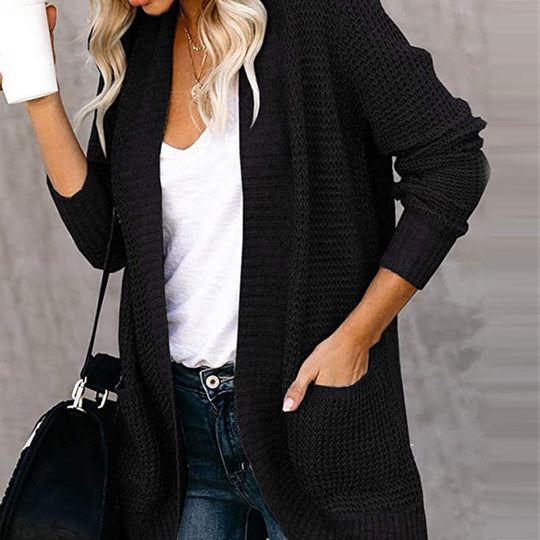 EB | Gestrickter Cardigan Langärmlig Lockere Passform Offene Front mit Großen Taschen