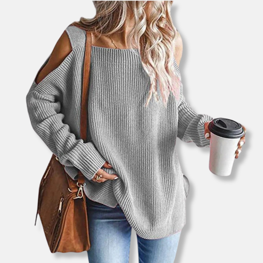 EB | Sweatshirt Offene Schulter Strick Lockere Passform Strukturierter Stoff