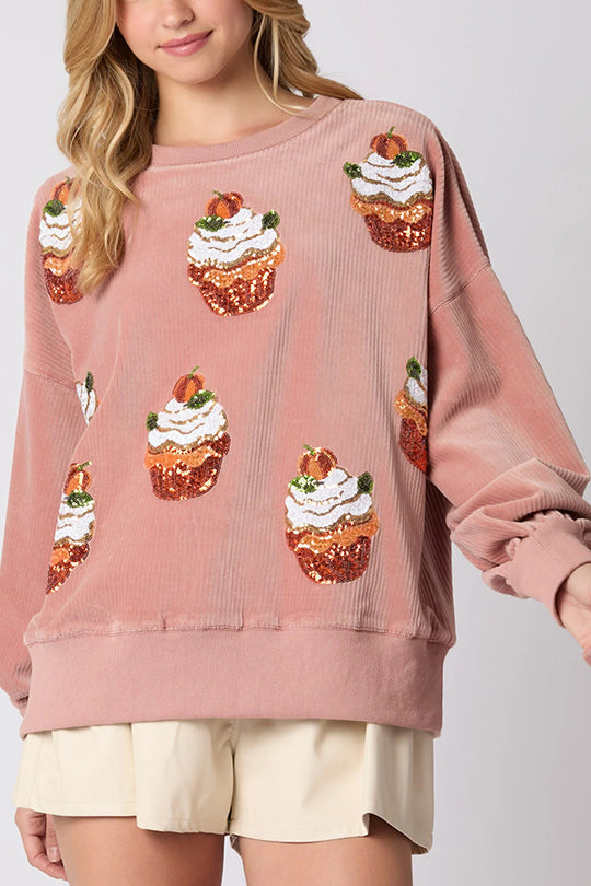 EB | Weihnachts-Pumpkin-Kuchen Pailletten Rundhals Lockeres Sweatshirt