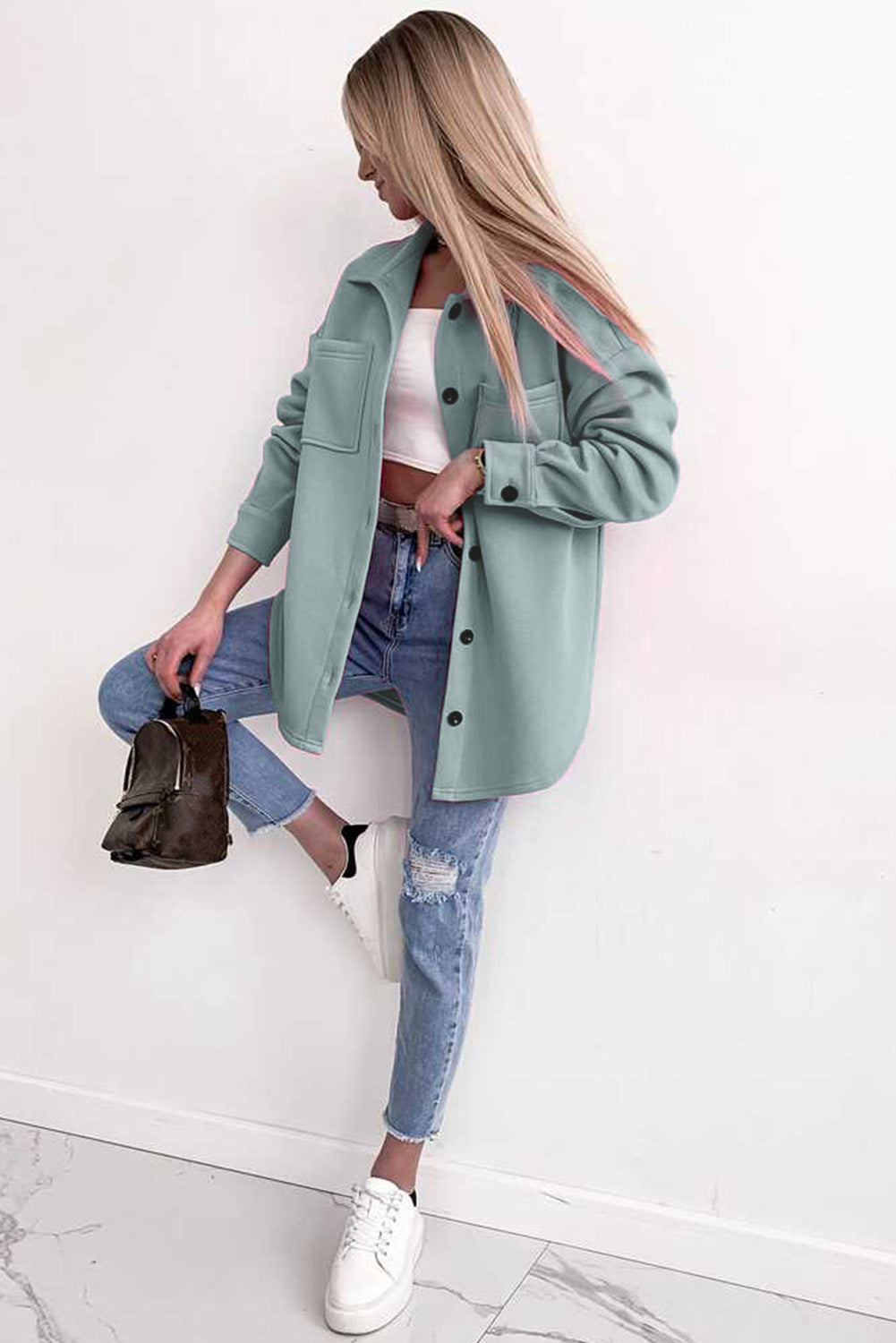 EB | Oversized Hemdbluse mit Großen Taschen Polyester Minimalistisch und Stilvoll
