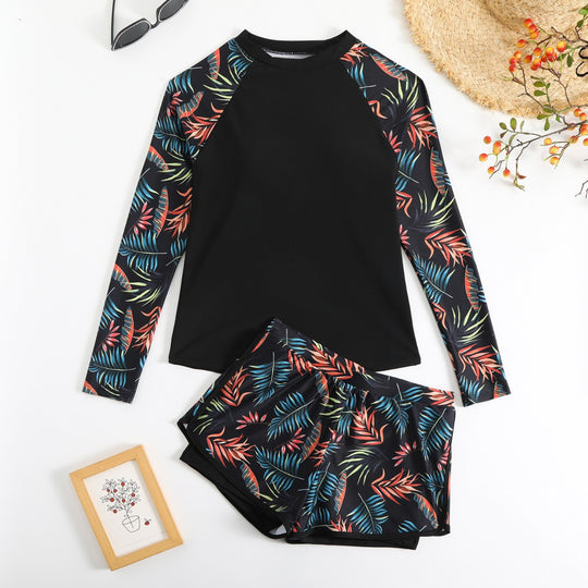 EB | Langarm Print Spleißen Doppelhose Tankini Badeanzug