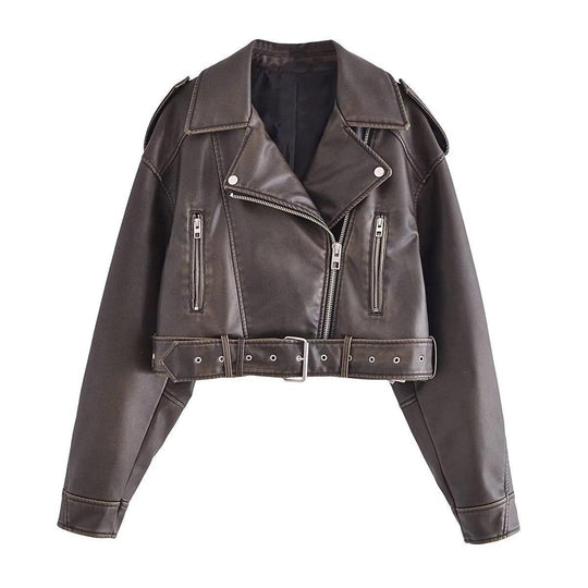 EB | Damen PU Motorradjacke mit Reißverschluss und Gürtel