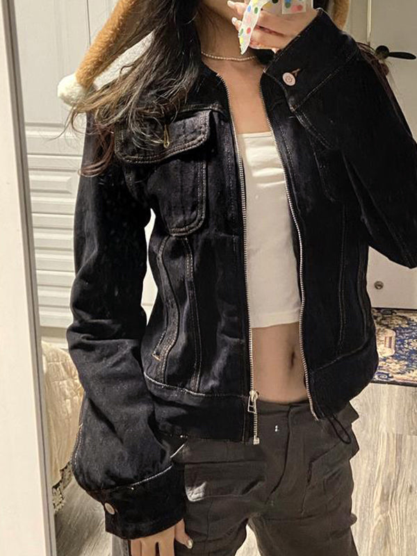 EB | Schwarze Denim Reverskragen Reißverschluss Kurze Jacke