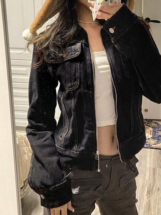 EB | Schwarze Denim Reverskragen Reißverschluss Kurze Jacke