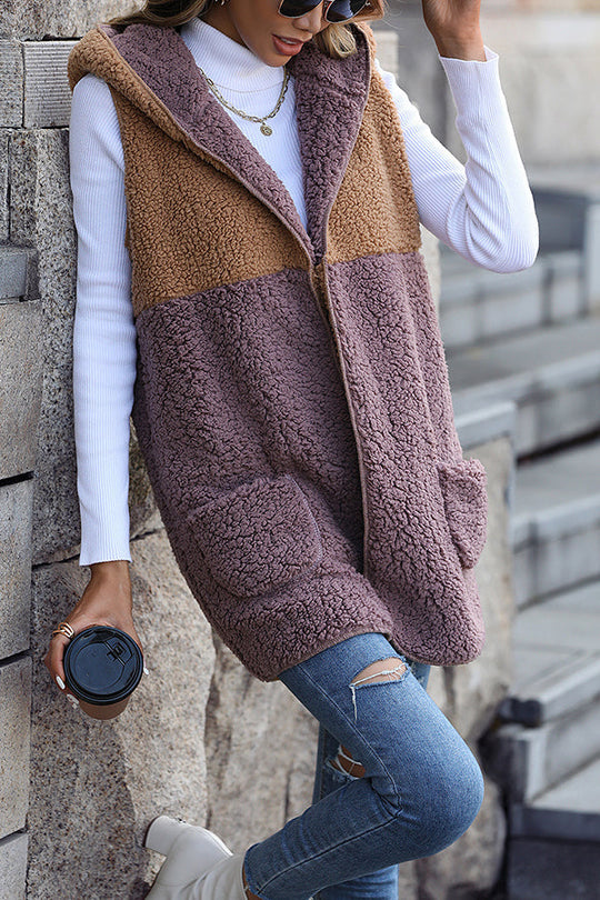 EB | Ärmelloser Colorblock-Taschenloser Mid-Length Cardigan Puff-Velours-Jacke