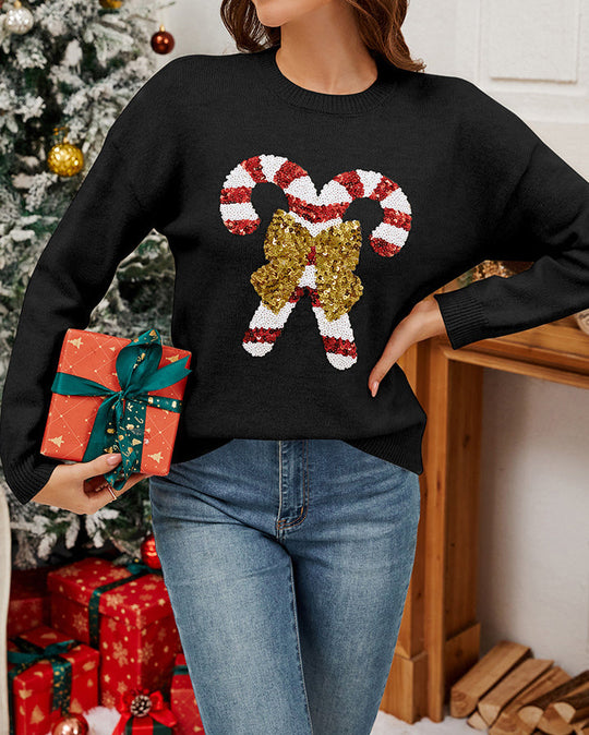 EB | Weihnachtszuckerstangen-Schleifen-Pailletten-Pullover
