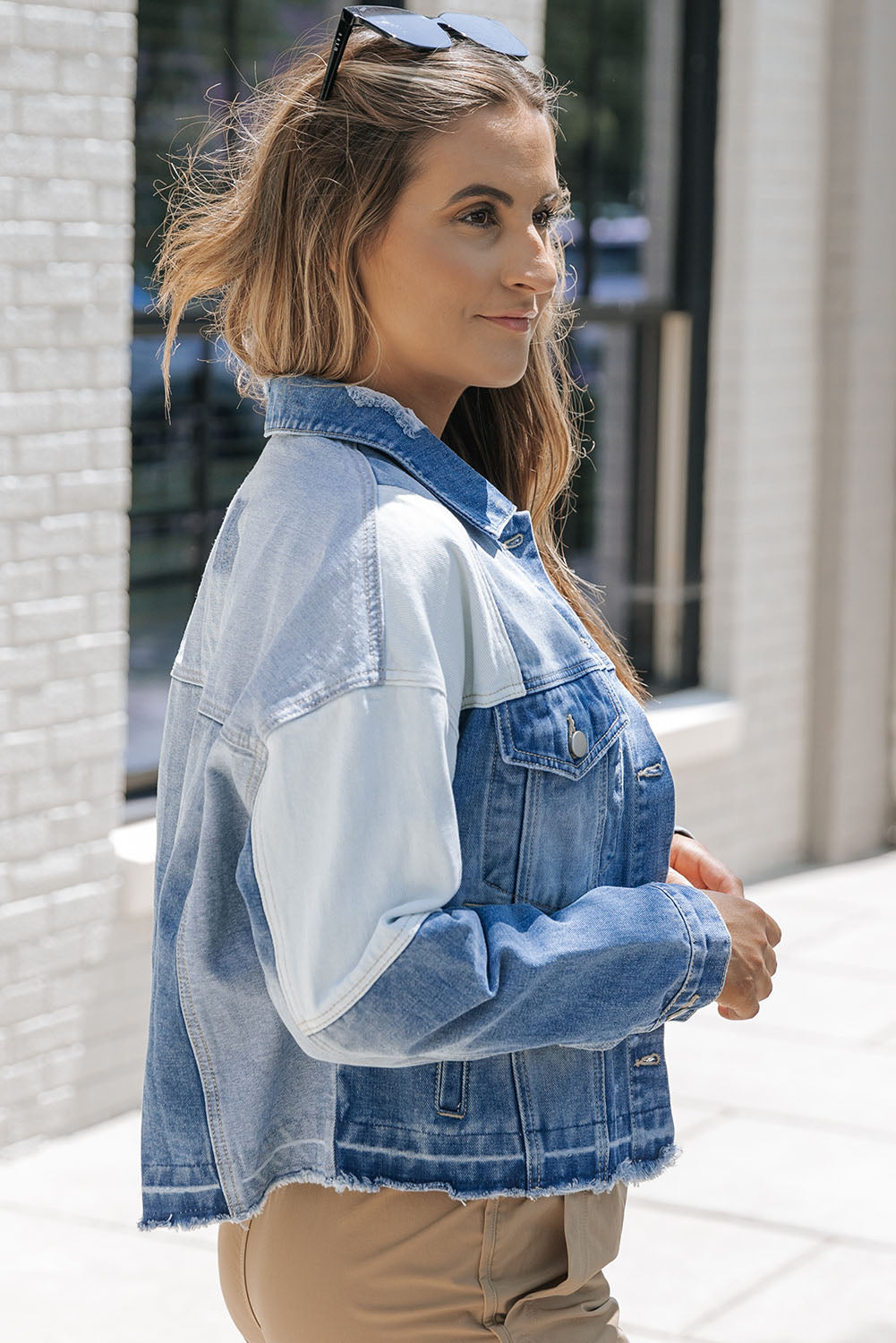 EB | Denimjacke mit Patchwork und Fransigem Saum Herbst Frauen