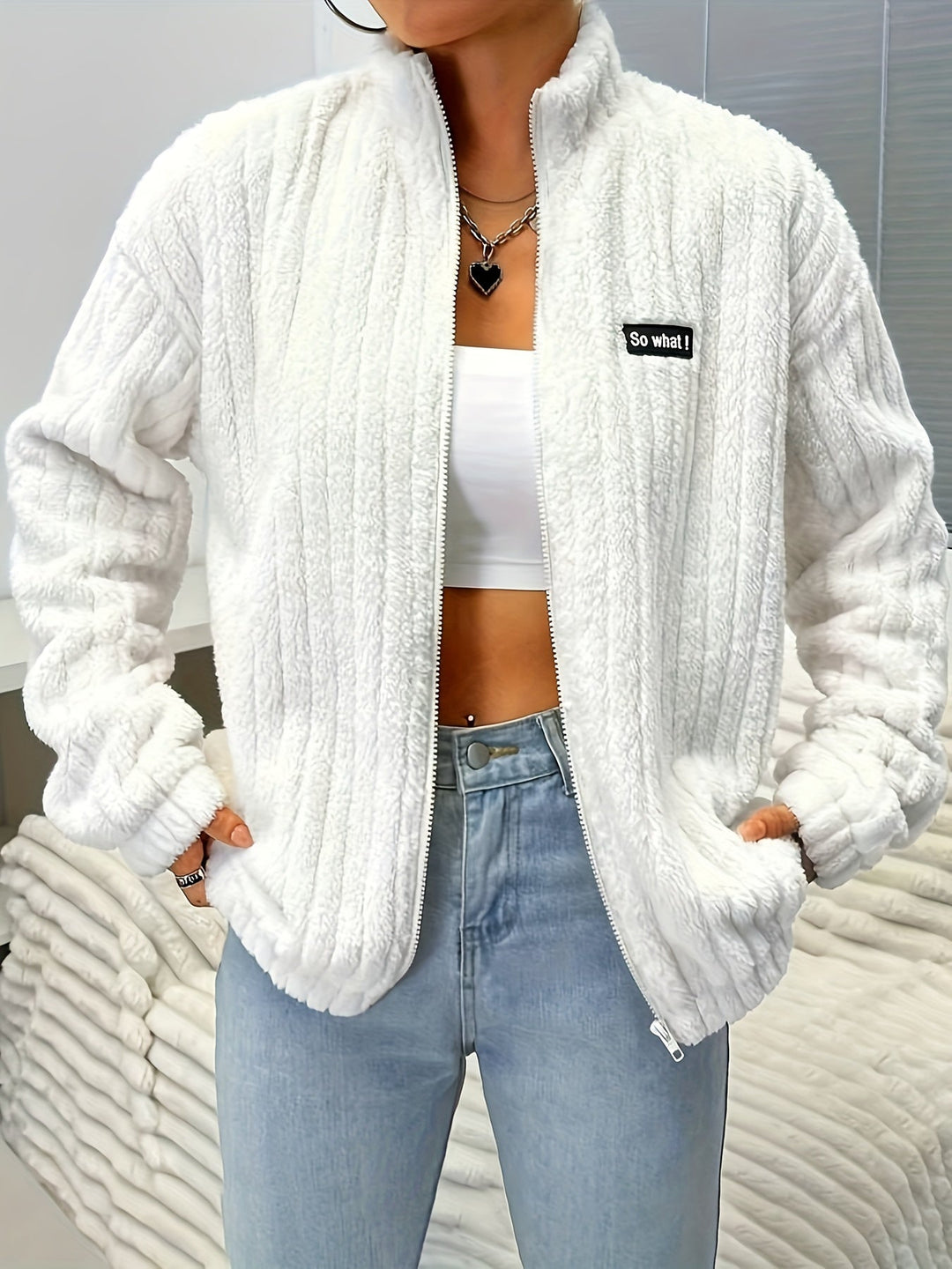 EB | Plüsch Zip-up Jacke mit Text-patch Polyester Weich und Warm