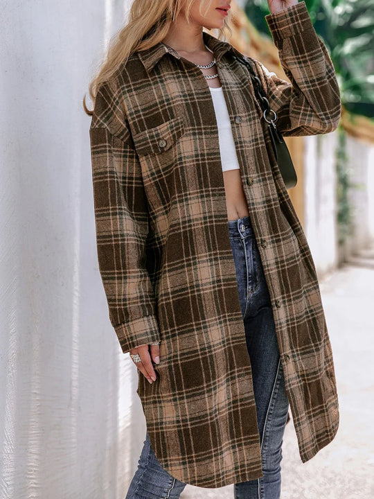 EB | Karierter Wollmix Langmantel mit Reverskragen - Lässig sitzender Wintermantel für Freizeit- und Businesskleidung