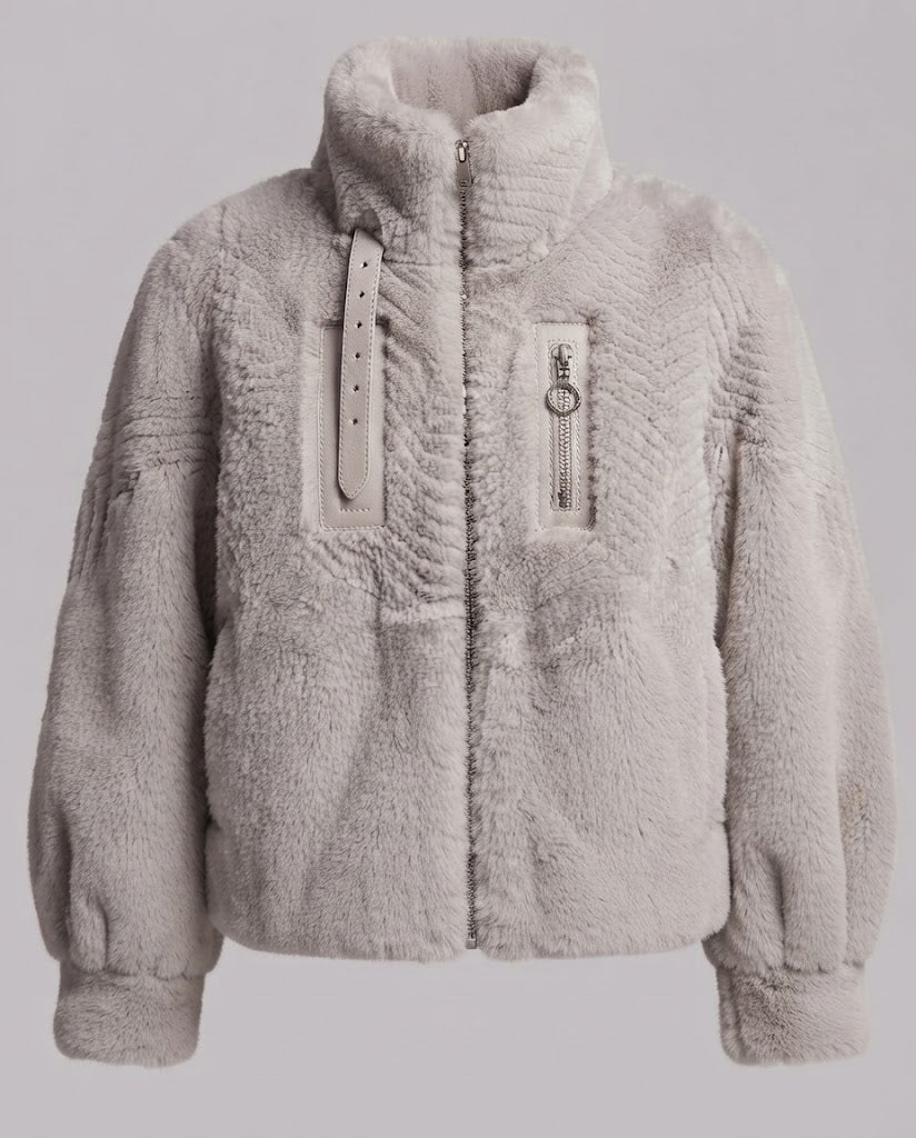Damen nan kuschelige Kunstpelzjacke mit Stehkragen, Reißverschlusstasche und femininer Ballonärmel-Silhouette EB
