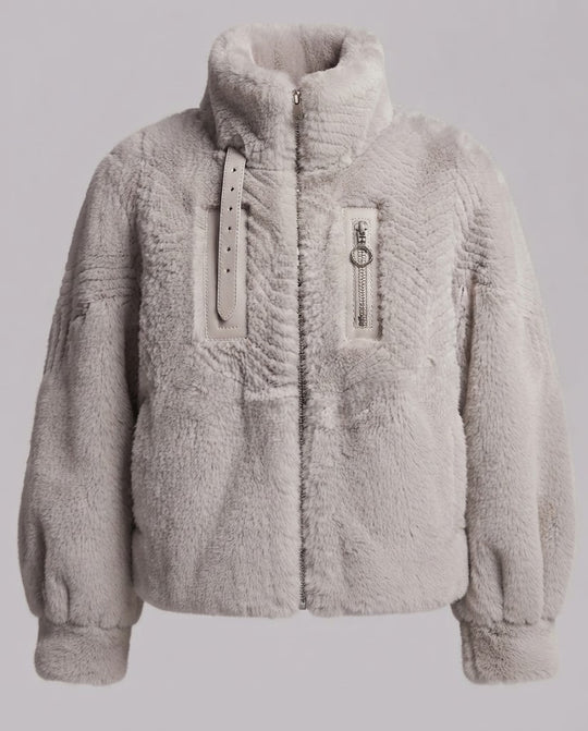 Damen nan kuschelige Kunstpelzjacke mit Stehkragen, Reißverschlusstasche und femininer Ballonärmel-Silhouette EB