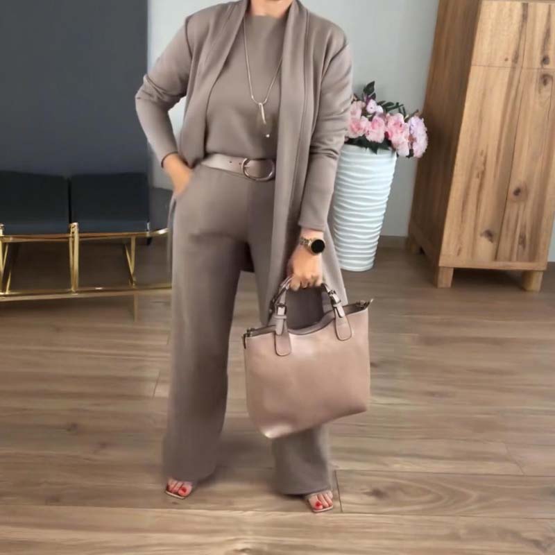 EB | Stylisches 3-Teilige Set Bestehend Aus Einem Langen Cardigan, Top und Hose