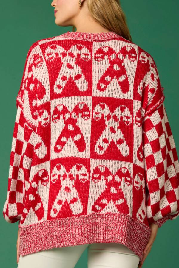EB | Weihnachtsbonbon Karo Rundhals Langarm Lockere Strickpullover