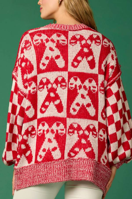 EB | Weihnachtsbonbon Karo Rundhals Langarm Lockere Strickpullover