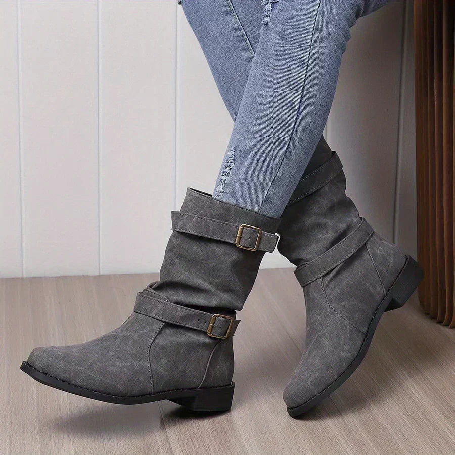 Vintage Schnalle Strap Western Ankle Boots Für Frauen EB