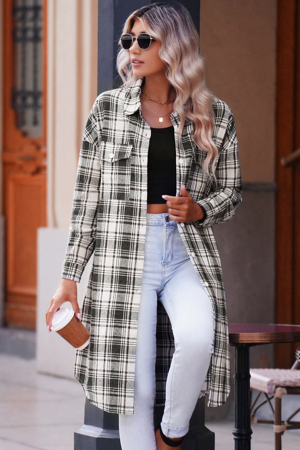 EB | Karierter Button-Up Longline Shacket mit Brusttaschen