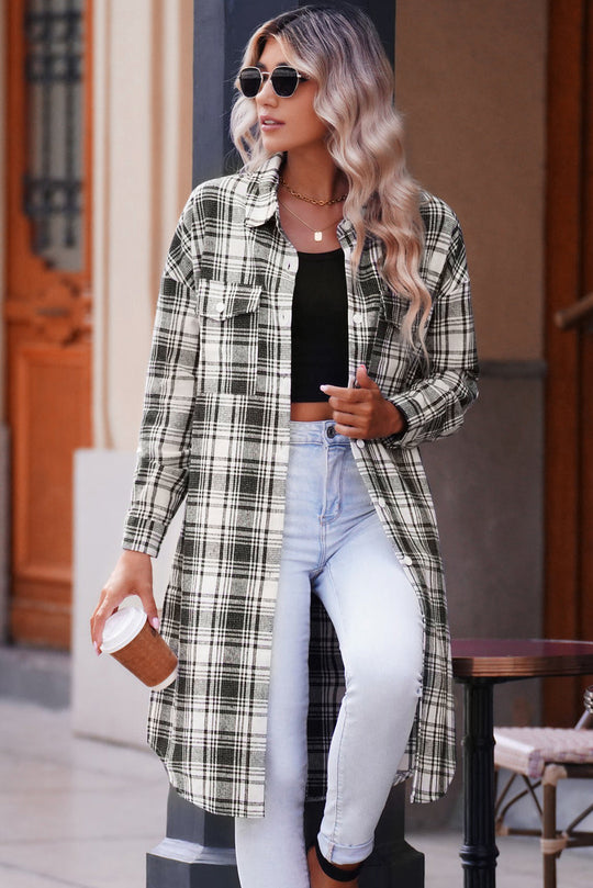 EB | Karierter Button-Up Longline Shacket mit Brusttaschen