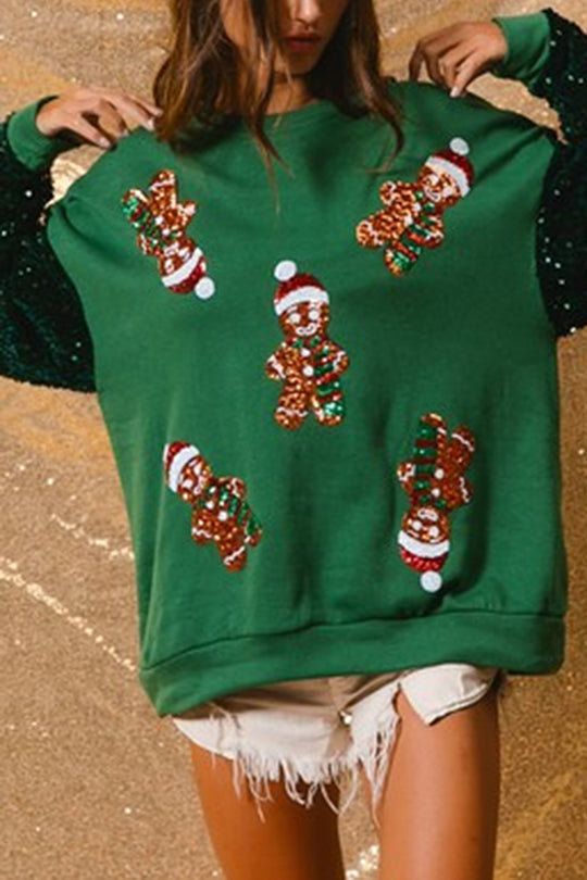 EB | Weihnachten Lässig Locker Rundhals Pailletten Ärmel Sweatshirt