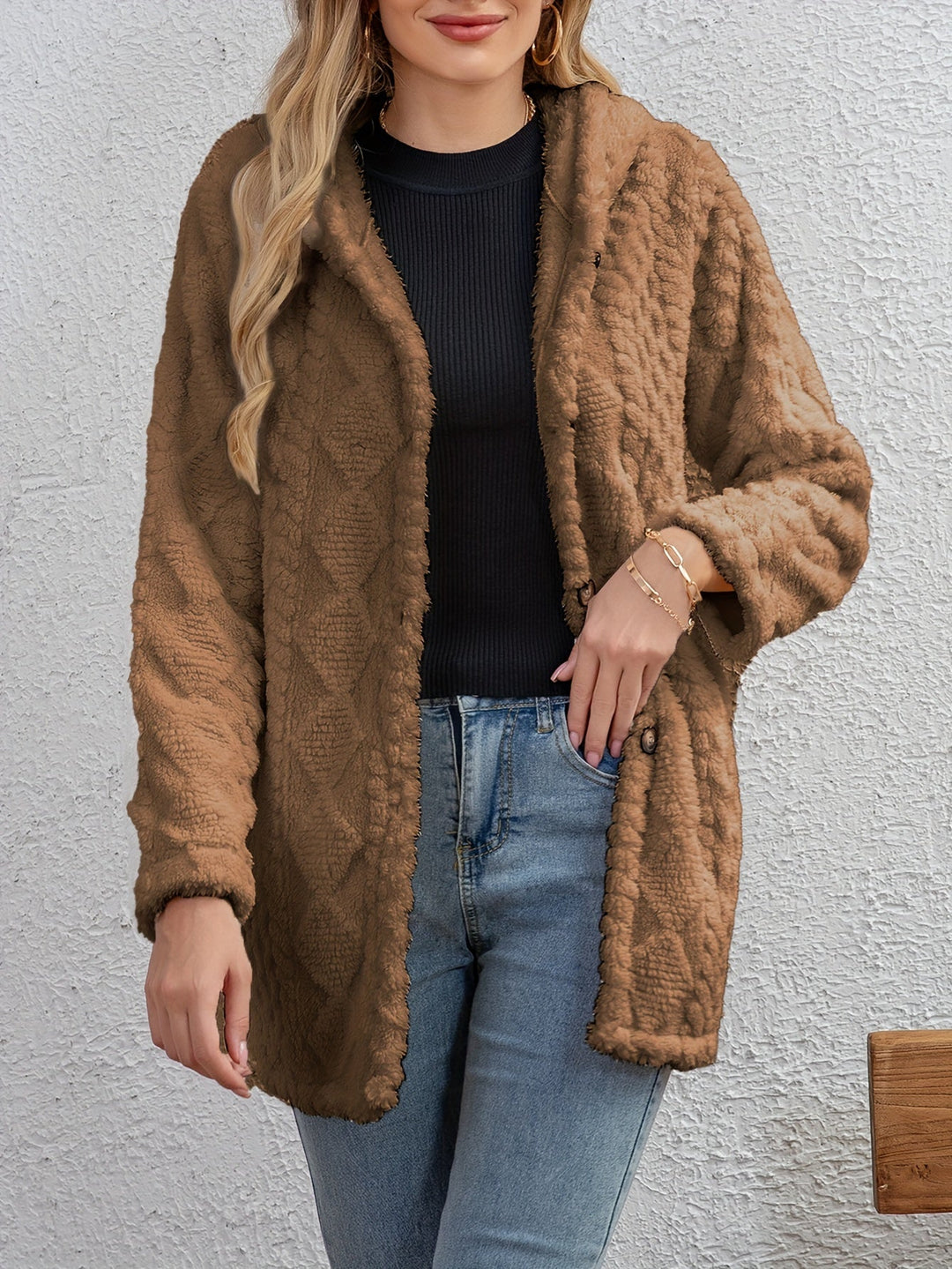 EB | Fluffy Kapuzenjacke mit Knöpfen Polyester Weich und Warm