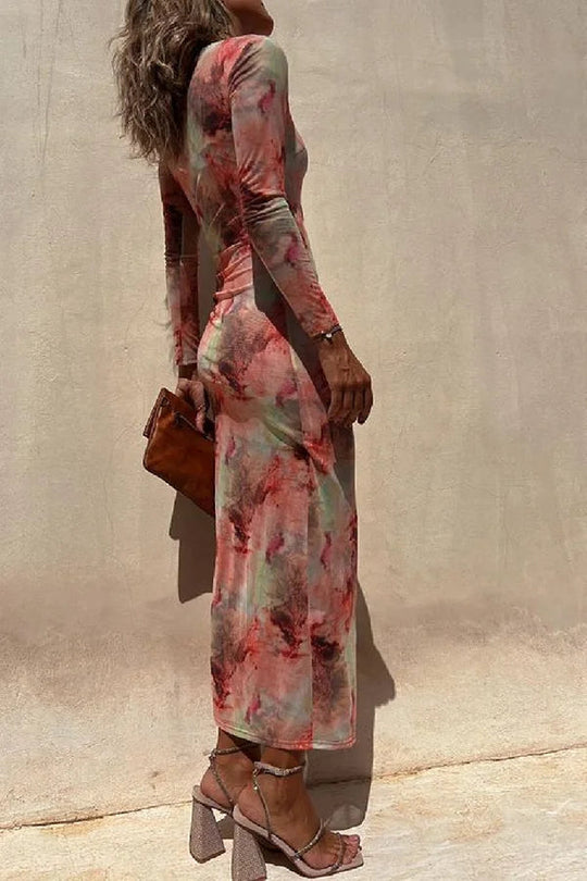 EB | Charm Lady Mesh Overlay Tie Dye Print Langarm Rüsch Stretch Midi Kleid