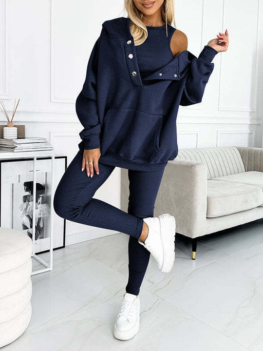 EB | 3-Teiliges Damen-Sportanzug mit Lockerem Kapuzenpullover und Slim-Hosen