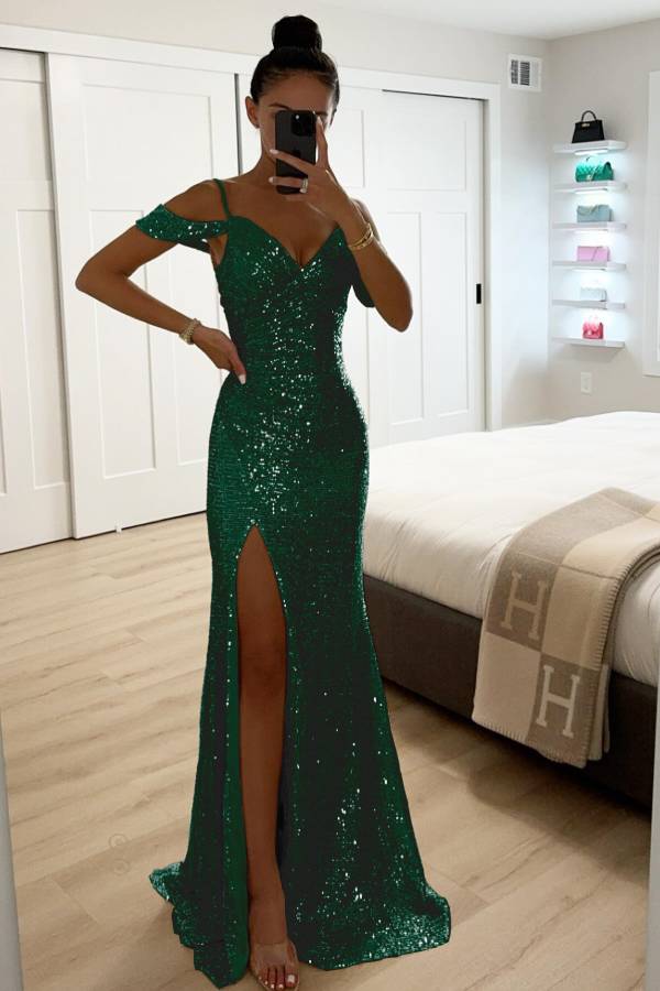 EB | Paillettenspitze Meerjungfrau Abschlussballkleider mit Schlitz Off-Shoulder Abendkleid