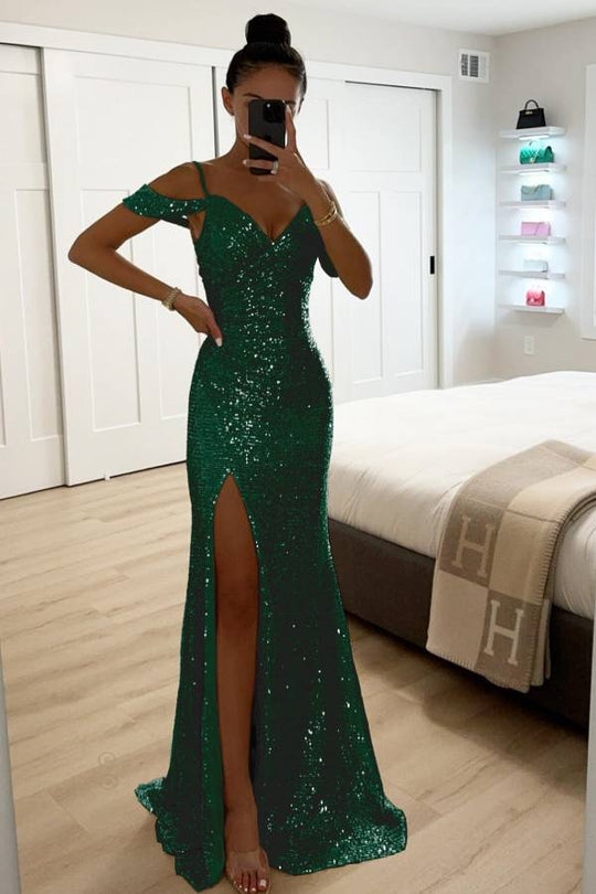 EB | Paillettenspitze Meerjungfrau Abschlussballkleider mit Schlitz Off-Shoulder Abendkleid