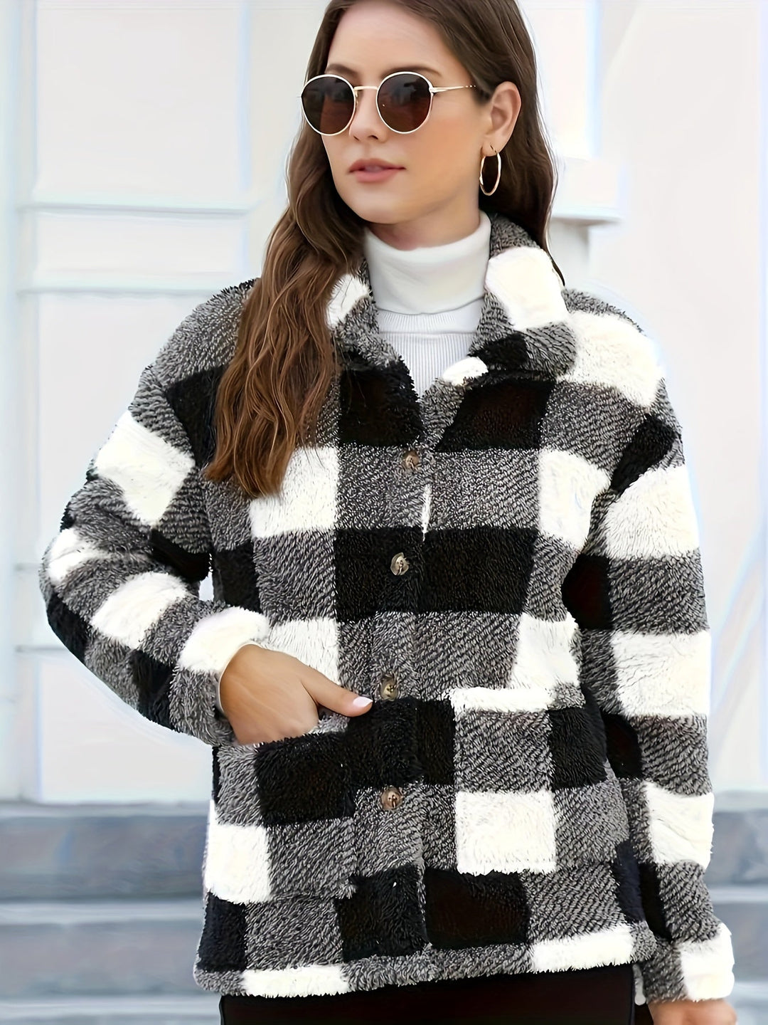 EB | Gitter Teddyjacke mit Knöpfen und Taschen Polyester Warm und Stilvoll