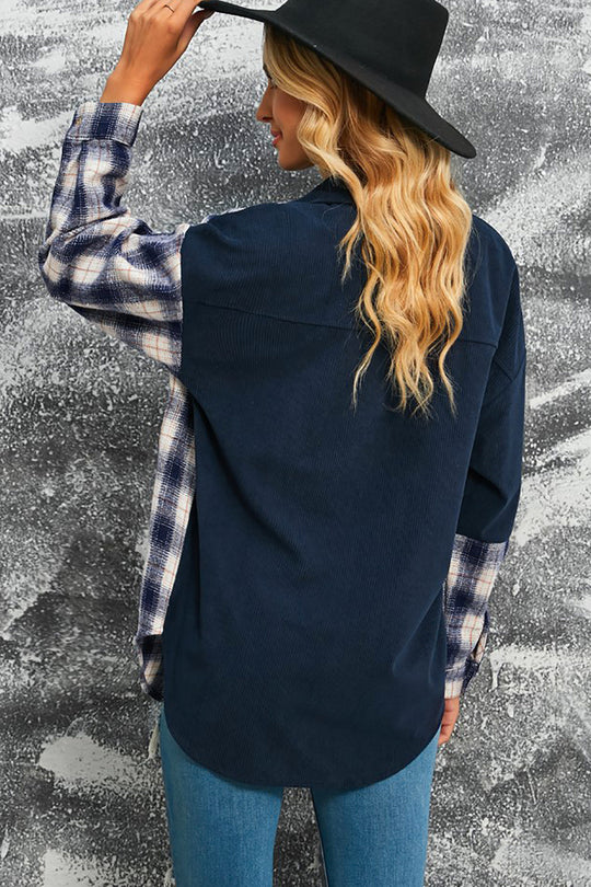 EB | Karierte Farbblock Gefallen Schulter Corduroy Shacket