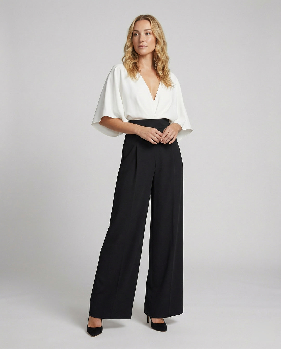 EB | Britischer Stil Eleganter Farbblock Tasche Kontrast V-Ausschnitt Lockere Jumpsuits