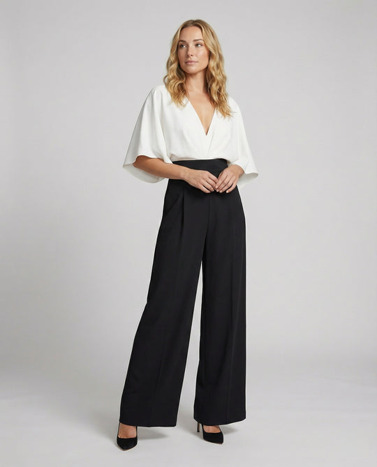 EB | Britischer Stil Eleganter Farbblock Tasche Kontrast V-Ausschnitt Lockere Jumpsuits