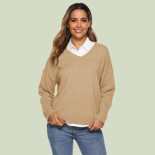 EB | Strickpullover V-Ausschnitt Lockere Passform Lange Ärmel Weich und Bequem