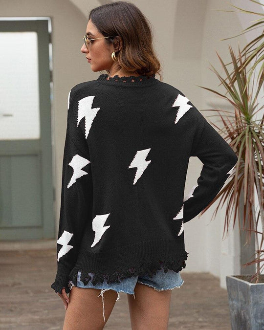 EB | Strickpullover Lockere Passform Blitzmuster & Fransen Saum