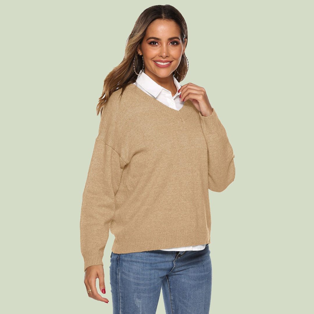 EB | Strickpullover V-Ausschnitt Lockere Passform Lange Ärmel Weich und Bequem