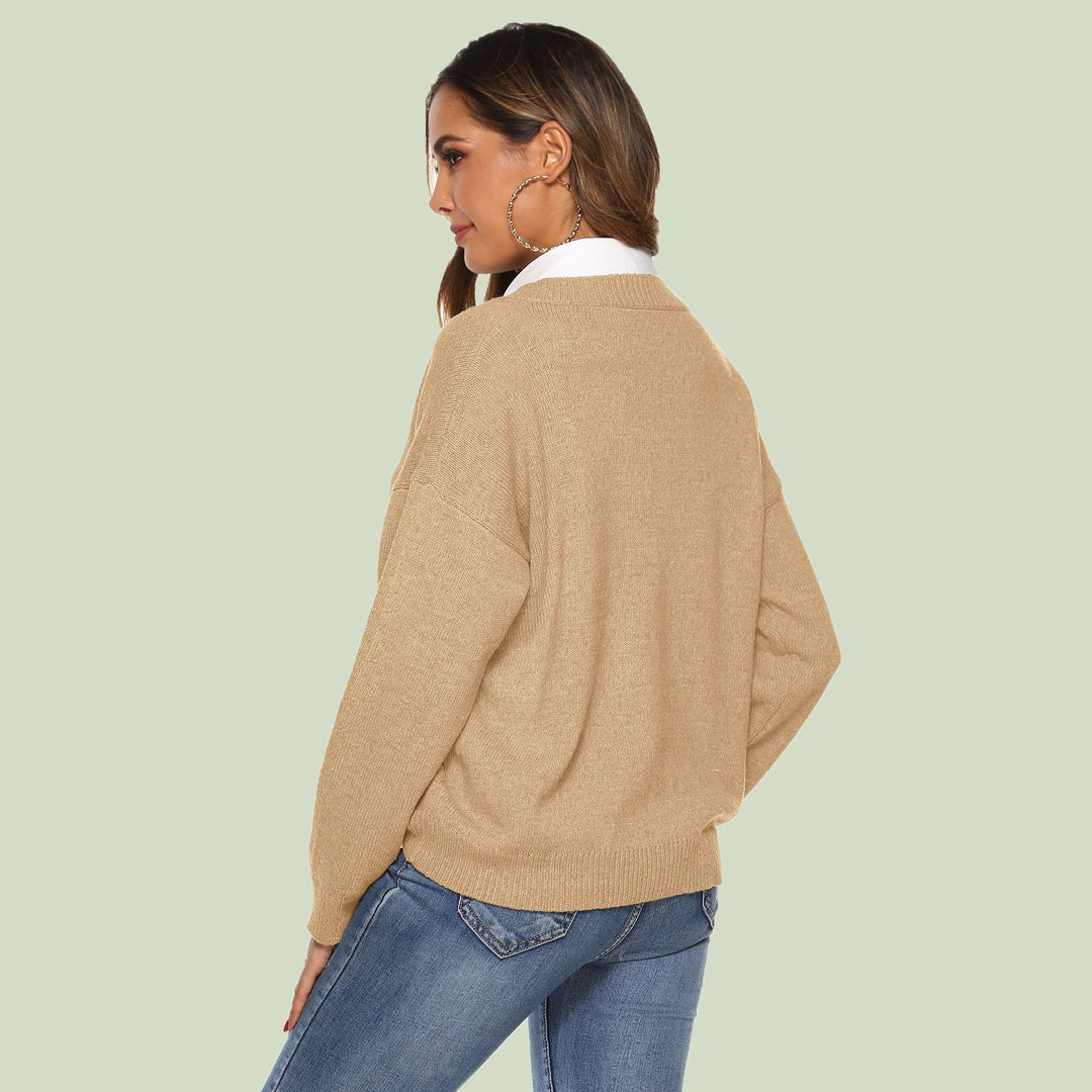 EB | Strickpullover V-Ausschnitt Lockere Passform Lange Ärmel Weich und Bequem