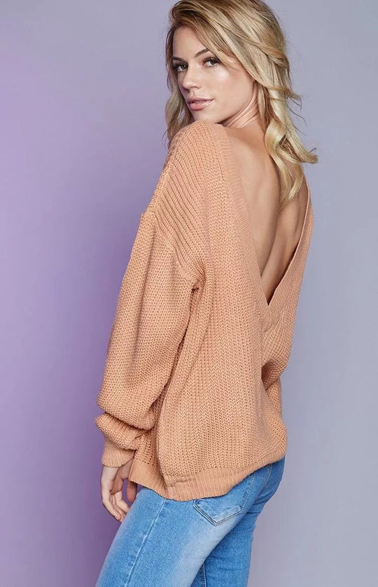 Damen Strickpullover mit tiefem V-Ausschnitt und lässigen Ballonärmeln EB