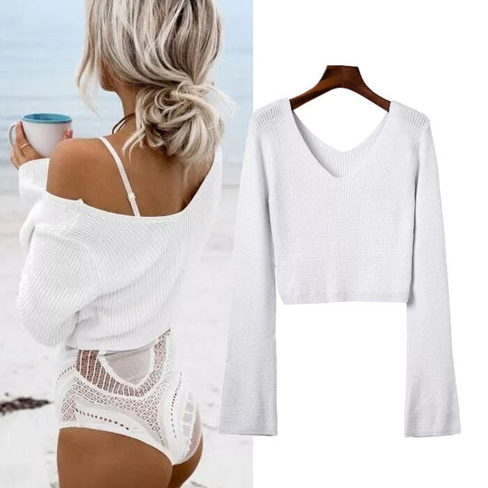 Damen Cropped Strickpullover mit asymmetrischem Design und figurbetonter Bleistiftrock EB