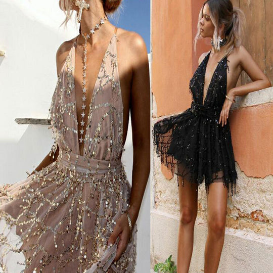 Damen glamouröses Abendkleid mit funkelnden Applikationen und tiefem V-Ausschnitt EB