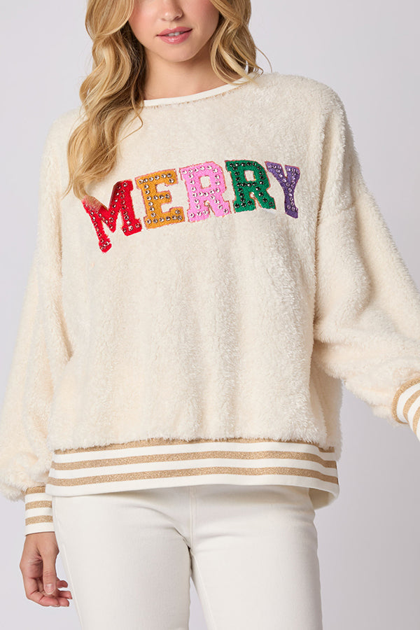 EB | Weihnachtsbuchstaben Strass Langarm Rundhalsausschnitt Sweatshirt