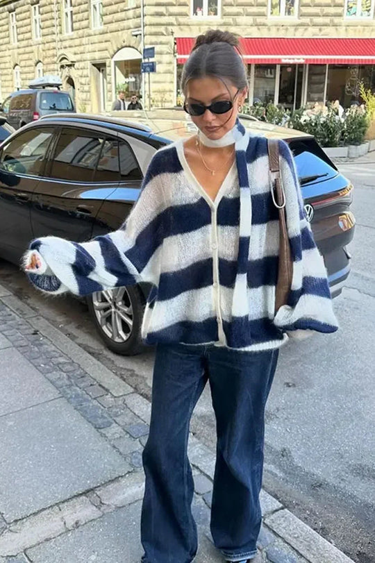 EB | Gestreifter V-Ausschnitt Locker Gestrickter Cardigan Pullover