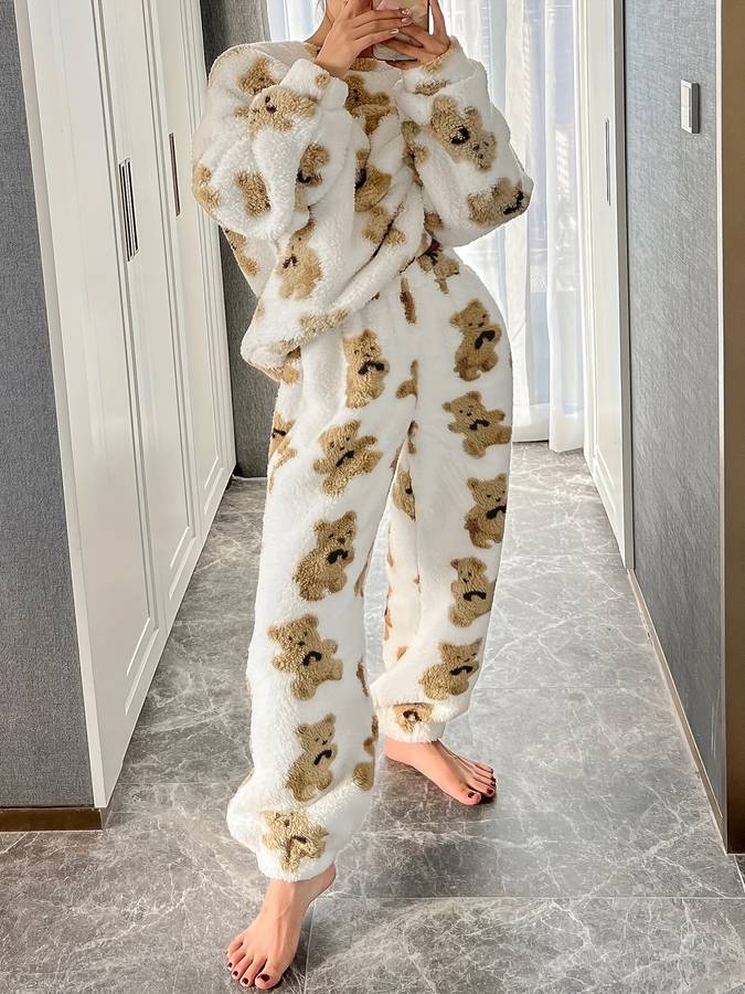 EB - Bequemes weißes Bärenmotiv Loungewear-Set für Damen