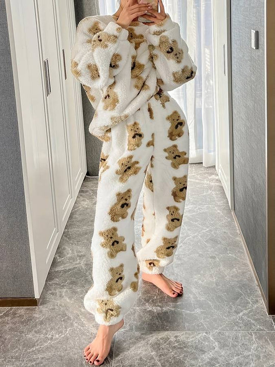 EB - Bequemes weißes Bärenmotiv Loungewear-Set für Damen