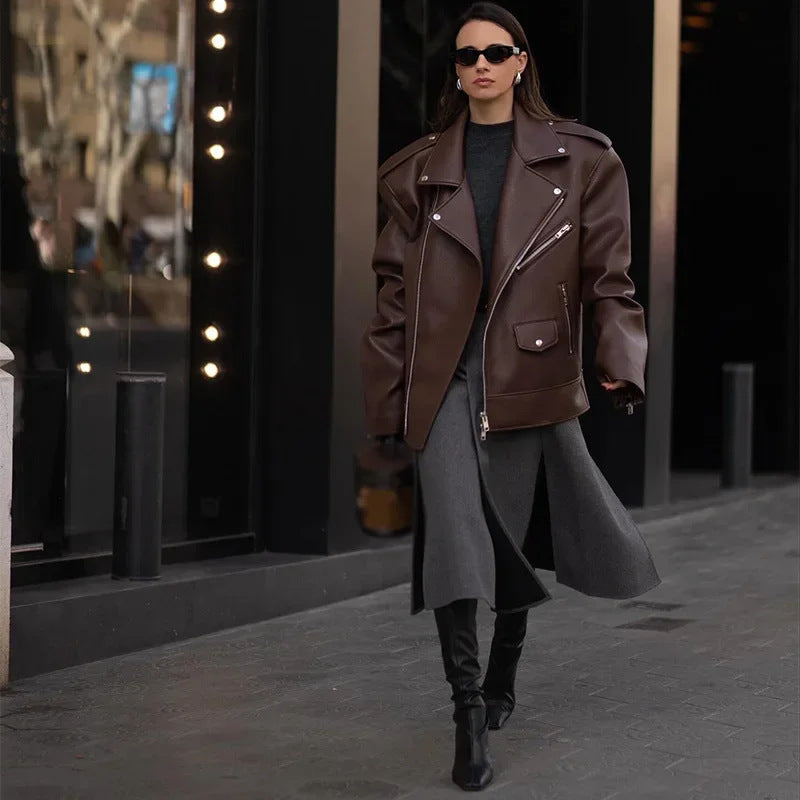 EB | Moderne Damen Kurze Vegan-Leder-Look Jacke