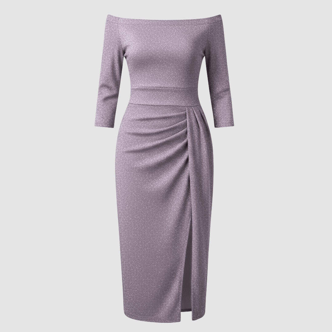 Elegantes Hochzeitsgast Kleid Off Shoulder Lang Satin | EB