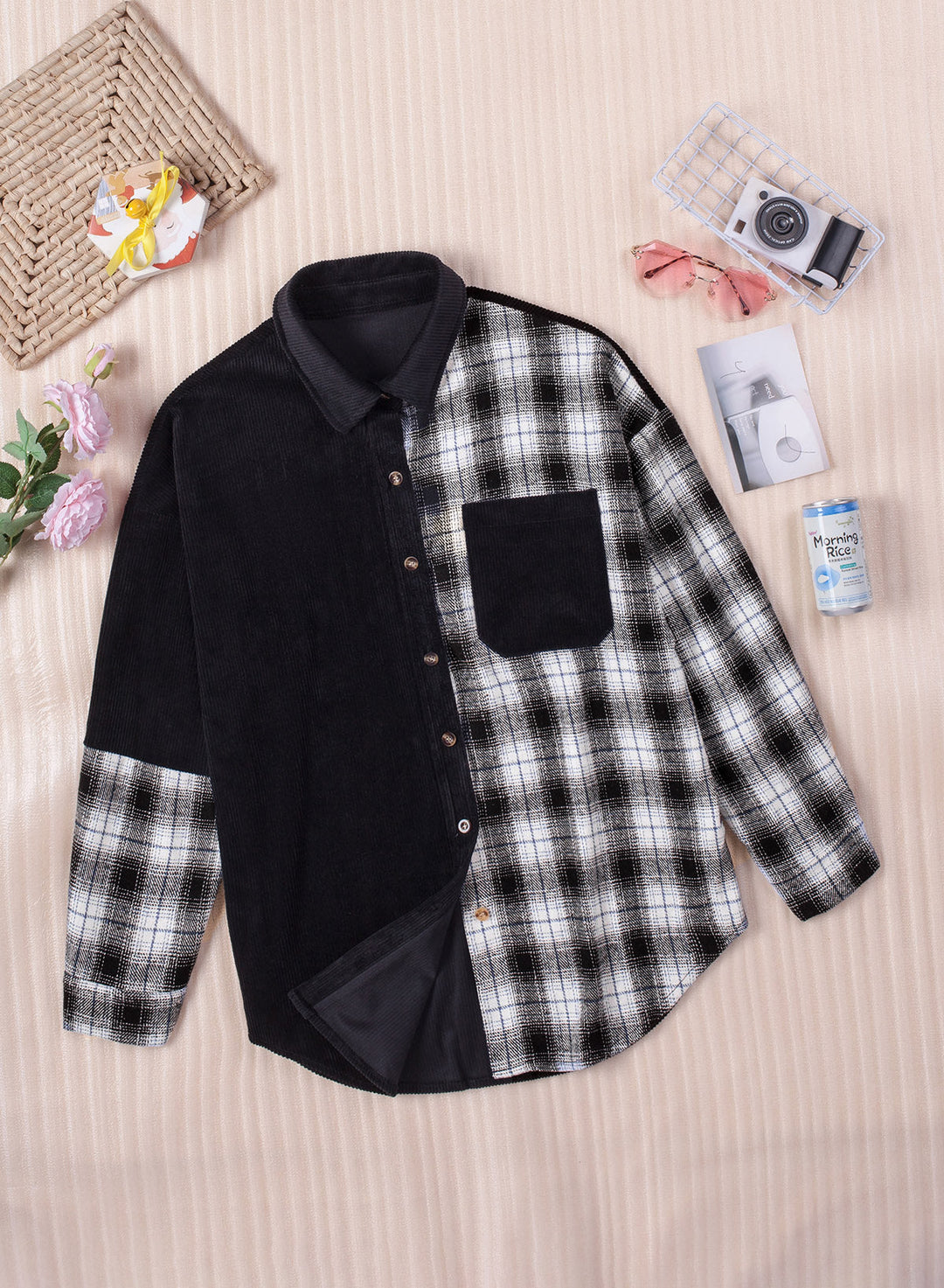 EB | Karierte Farbblock Gefallen Schulter Corduroy Shacket