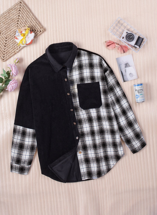 EB | Karierte Farbblock Gefallen Schulter Corduroy Shacket
