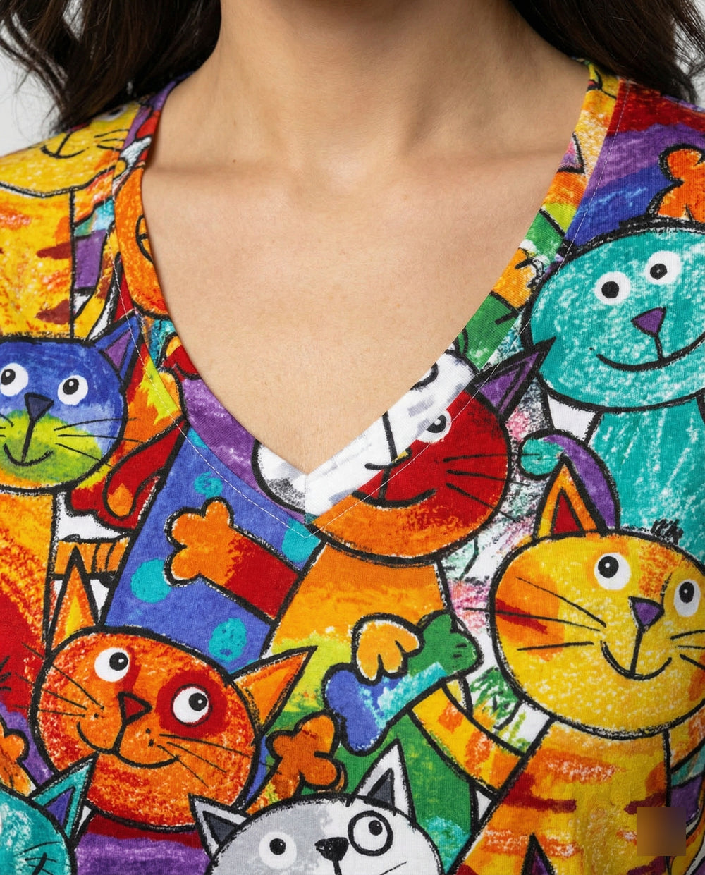 EB | Bequemes T-Shirt Mit Buntem Katzenprint Für Damen